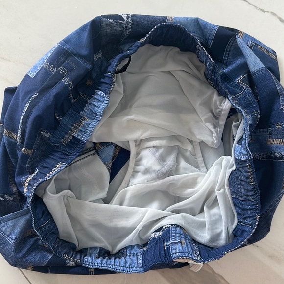 WeWoreWhat Men’s Denim Patchwork Swim Trunks - Picture 9 of 9